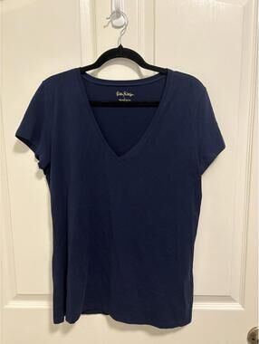 Lilly Pulitzer Navy Blue V-Neck Cotton Spandex T-Shirt Large